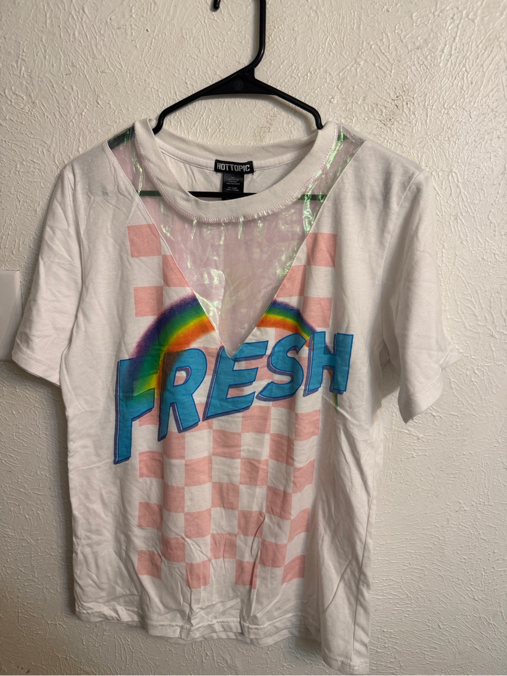 Hot Topic Women’s "Fresh" White Graphic Tee with Rainbow Mesh